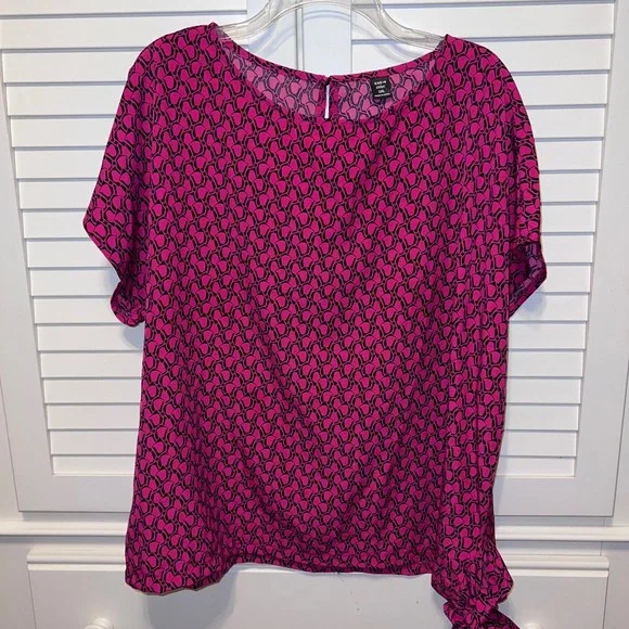 Shein Curve Plus 1XL Pink Black Print w/Side Tie Short Sleeve Blouse - Picture 1 of 2